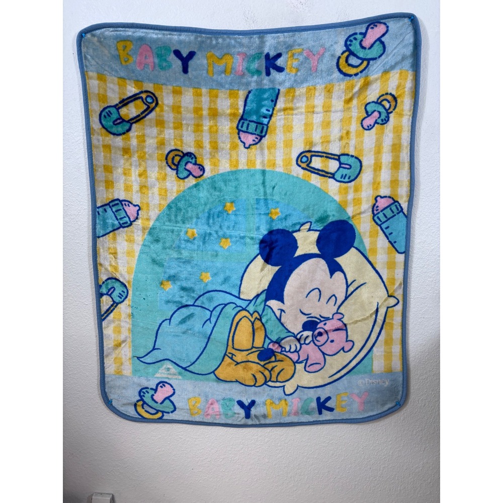 Disney Baby Mickey Mouse Blanket Kids OS Blue Yellow Vintage 90s Fleece